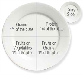 dairy side, 1/4 plate protein, 1/2 plate fruits or vegetables, 1/4 plate grains, 1/4 plate Fruits or Grains