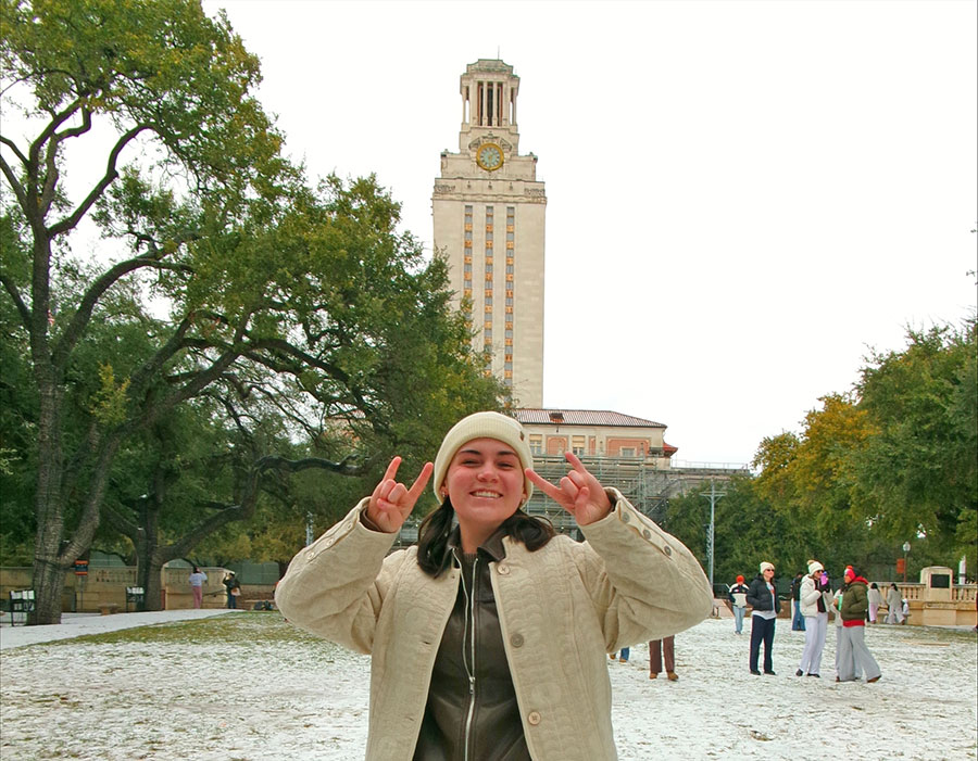 Ciara Burns enjoys a rare snow day on the Forty Acres